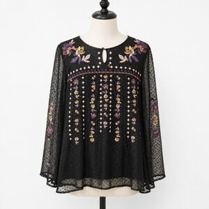 Style & Co Womens‎ 2X Black Sheer Mesh Embroidered Floral Boho Whimsigoth Top
